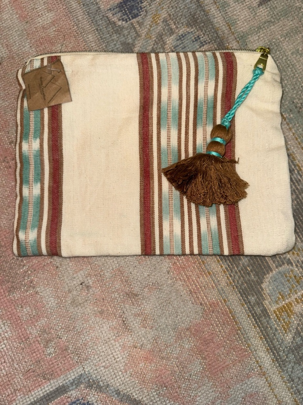 Striped Canvas Tassel Pouch in Cream, Teal & Rust